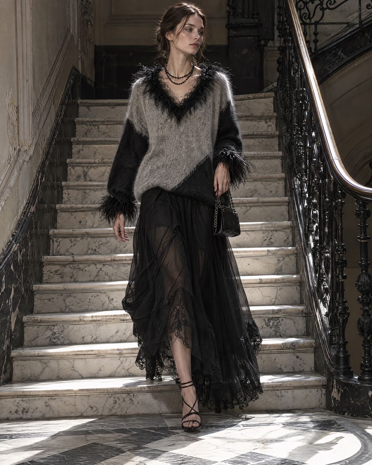 Elegant Grey And Black Colorblock Brushed-knit Feather-trim V-neck Sweater MVA003160AA