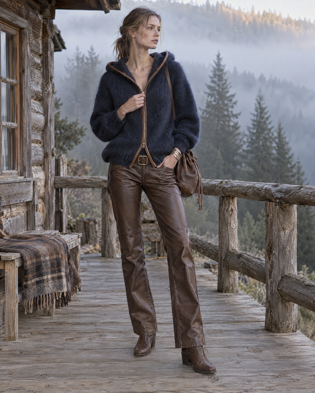 Casual Navy Brushed-knit Leather-trim Hooded Zip-up Cardigan MVA003180AA