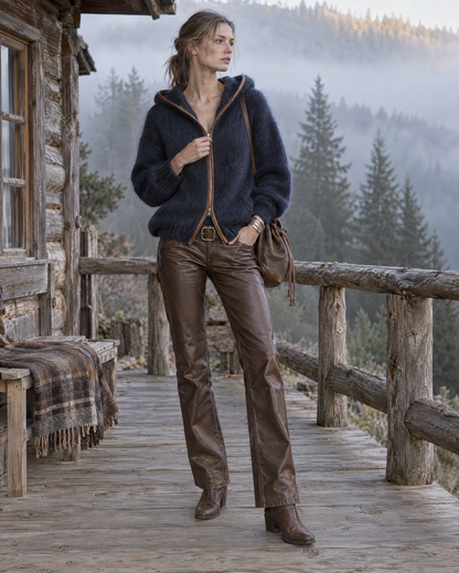Casual Navy Brushed-knit Leather-trim Hooded Zip-up Cardigan MVA003180AA