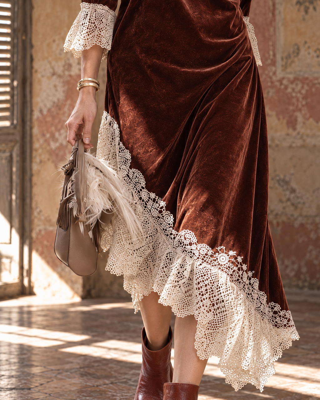 Bohemian Rust Velvet Cowl-neck Lace-trim Asymmetric Midi Dress MVA003190AA
