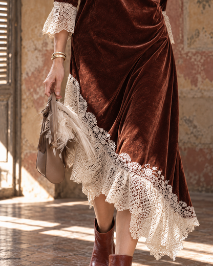 Bohemian Rust Velvet Cowl-neck Lace-trim Asymmetric Midi Dress MVA003190AA