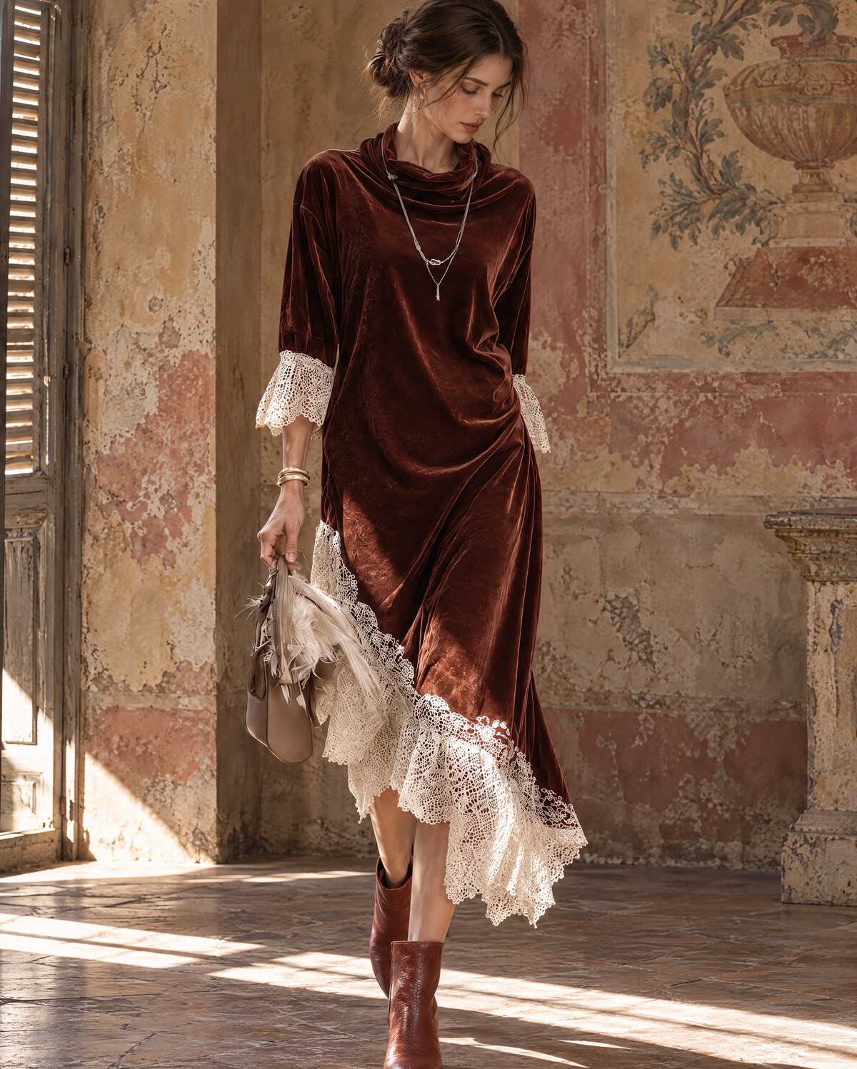 Bohemian Rust Velvet Cowl-neck Lace-trim Asymmetric Midi Dress MVA003190AA
