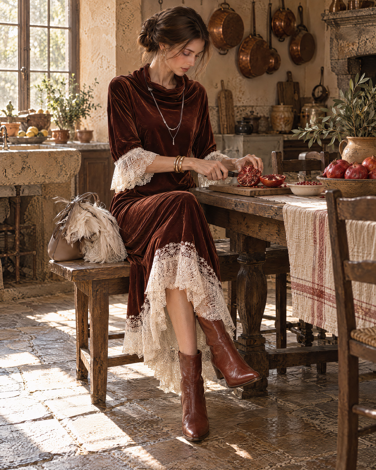 Bohemian Rust Velvet Cowl-neck Lace-trim Asymmetric Midi Dress MVA003190AA