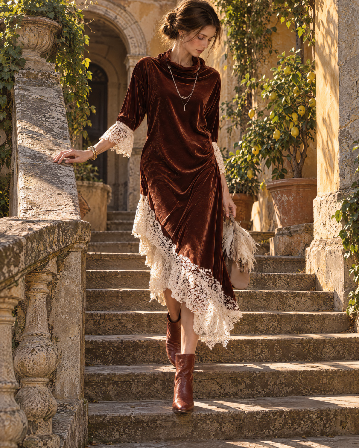 Bohemian Rust Velvet Cowl-neck Lace-trim Asymmetric Midi Dress MVA003190AA