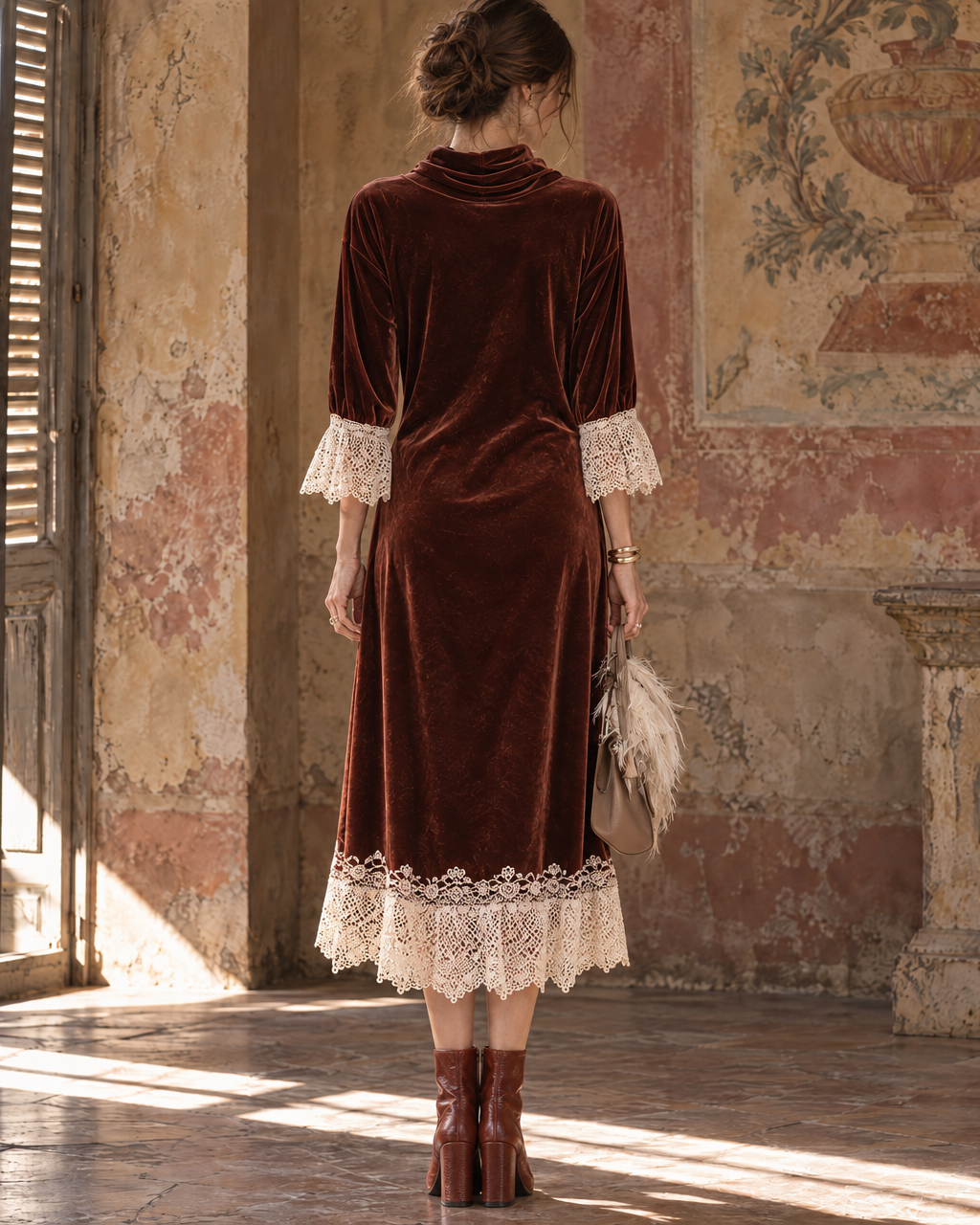 Bohemian Rust Velvet Cowl-neck Lace-trim Asymmetric Midi Dress MVA003190AA