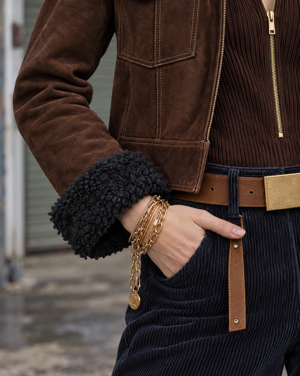 Casual Chocolate Brown Faux-suede Shearling-trim Cropped Zip-up Jacket MVA003200AA