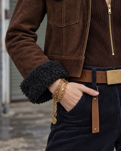Casual Chocolate Brown Faux-suede Shearling-trim Cropped Zip-up Jacket MVA003200AA