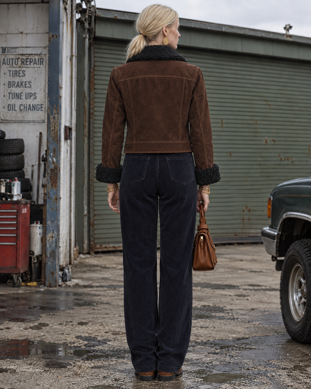 Casual Chocolate Brown Faux-suede Shearling-trim Cropped Zip-up Jacket MVA003200AA