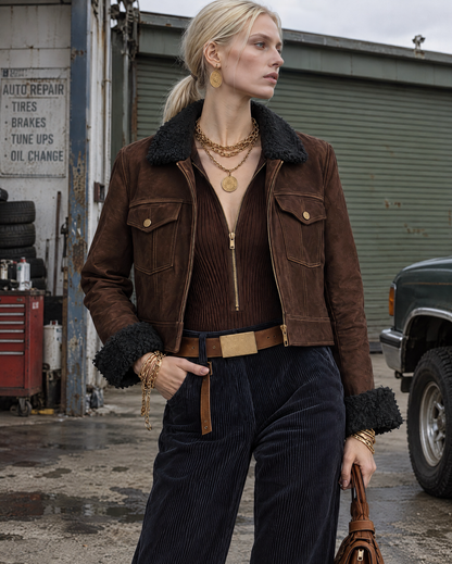 Casual Chocolate Brown Faux-suede Shearling-trim Cropped Zip-up Jacket MVA003200AA