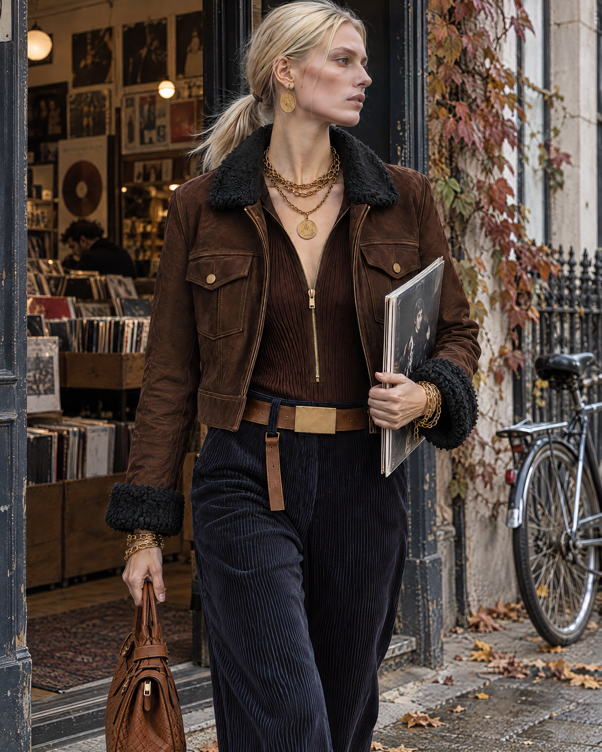 Casual Chocolate Brown Faux-suede Shearling-trim Cropped Zip-up Jacket MVA003200AA