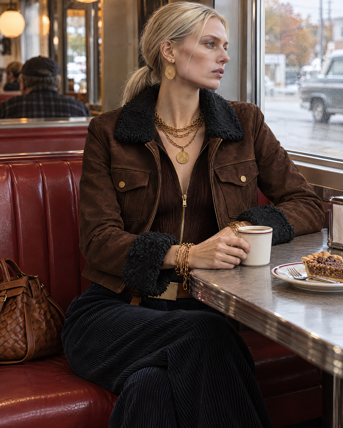 Casual Chocolate Brown Faux-suede Shearling-trim Cropped Zip-up Jacket MVA003200AA