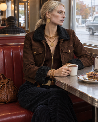 Casual Chocolate Brown Faux-suede Shearling-trim Cropped Zip-up Jacket MVA003200AA