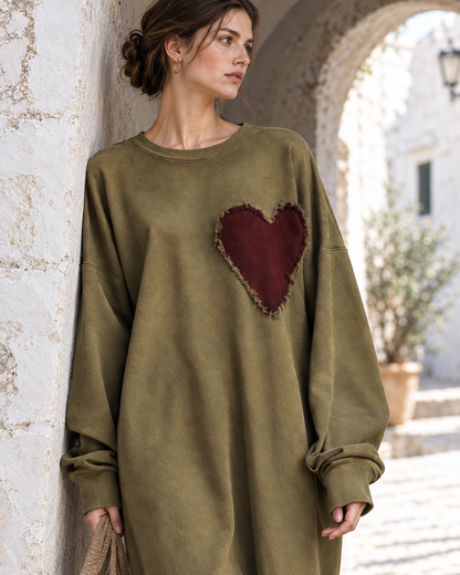 Casual Olive Green Washed Sweatshirt Heart-patch Oversized Midi Dress MVA003210AA