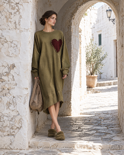 Casual Olive Green Washed Sweatshirt Heart-patch Oversized Midi Dress MVA003210AA