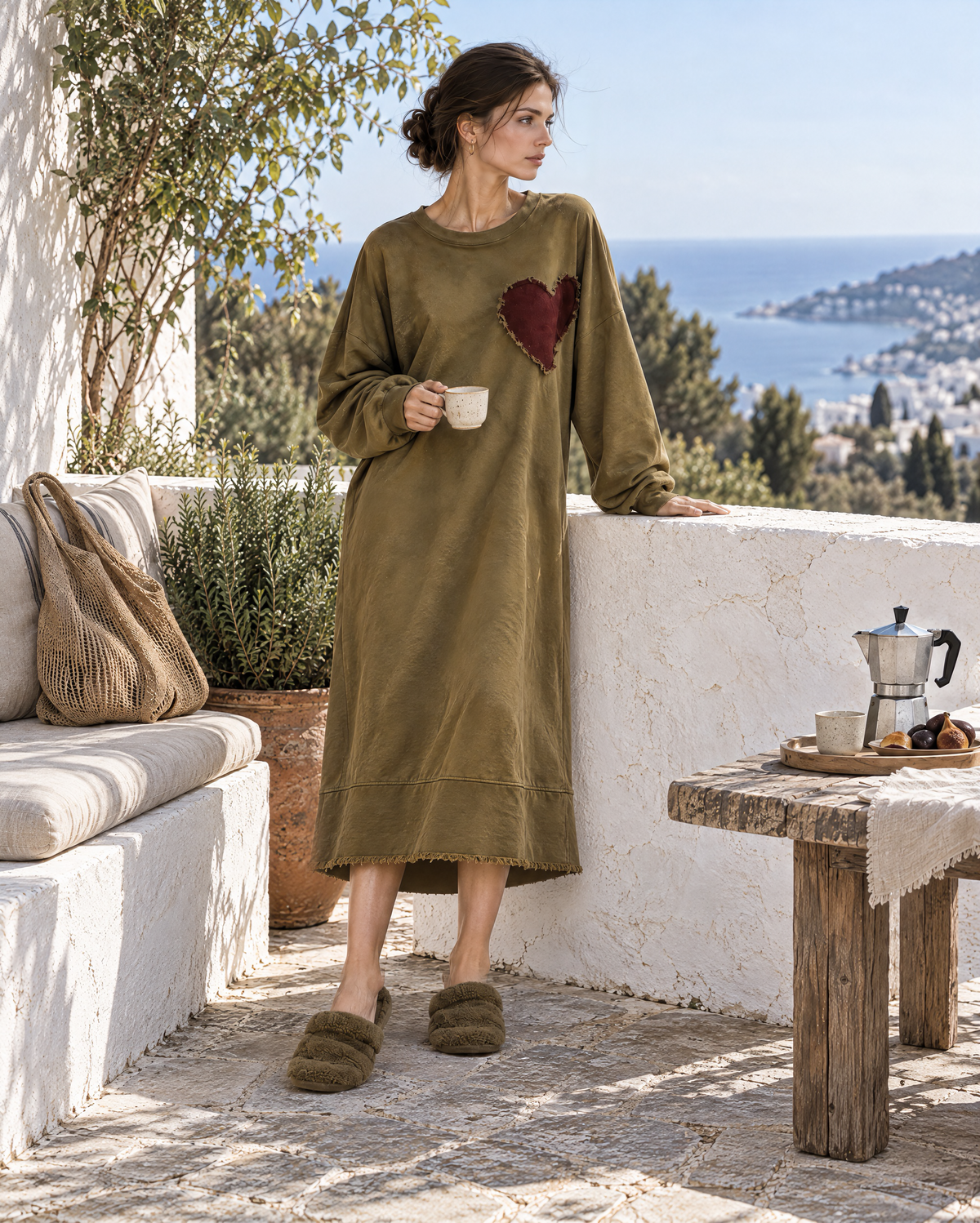 Casual Olive Green Washed Sweatshirt Heart-patch Oversized Midi Dress MVA003210AA