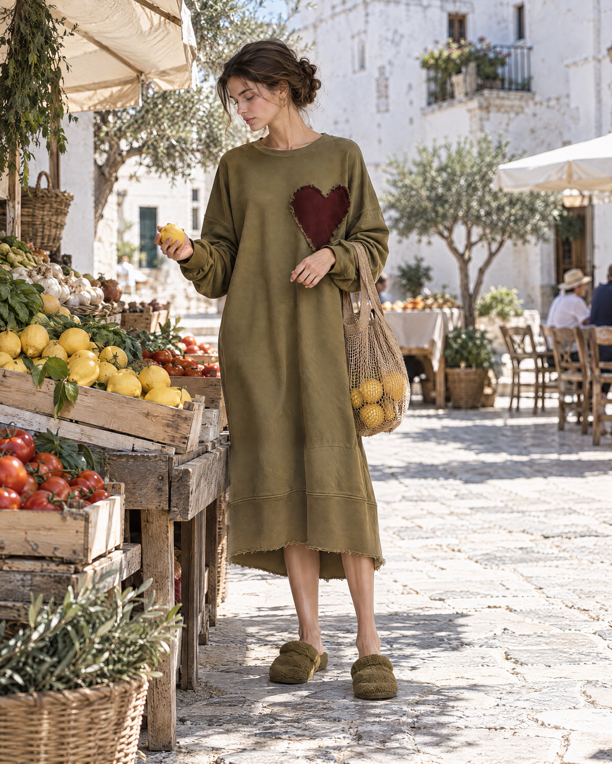 Casual Olive Green Washed Sweatshirt Heart-patch Oversized Midi Dress MVA003210AA