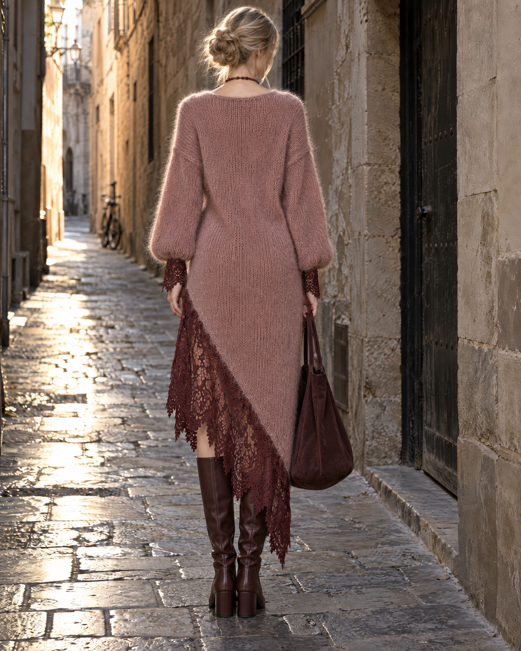 Bohemian Dusty Rose Brushed-knit Burgundy Lace-trim Asymmetric Midi Dress MVA003220AA