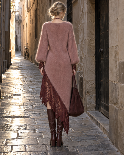 Bohemian Dusty Rose Brushed-knit Burgundy Lace-trim Asymmetric Midi Dress MVA003220AA