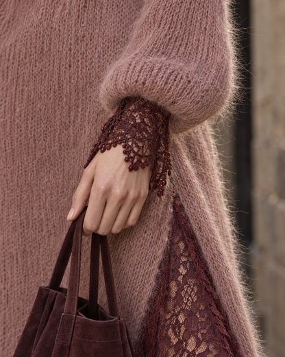 Bohemian Dusty Rose Brushed-knit Burgundy Lace-trim Asymmetric Midi Dress MVA003220AA