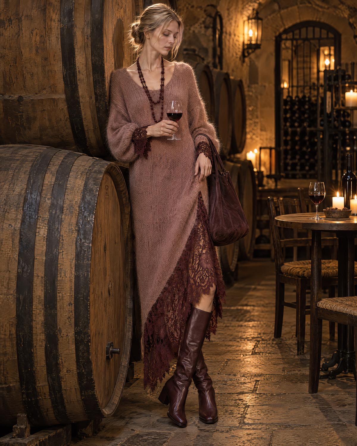 Bohemian Dusty Rose Brushed-knit Burgundy Lace-trim Asymmetric Midi Dress MVA003220AA