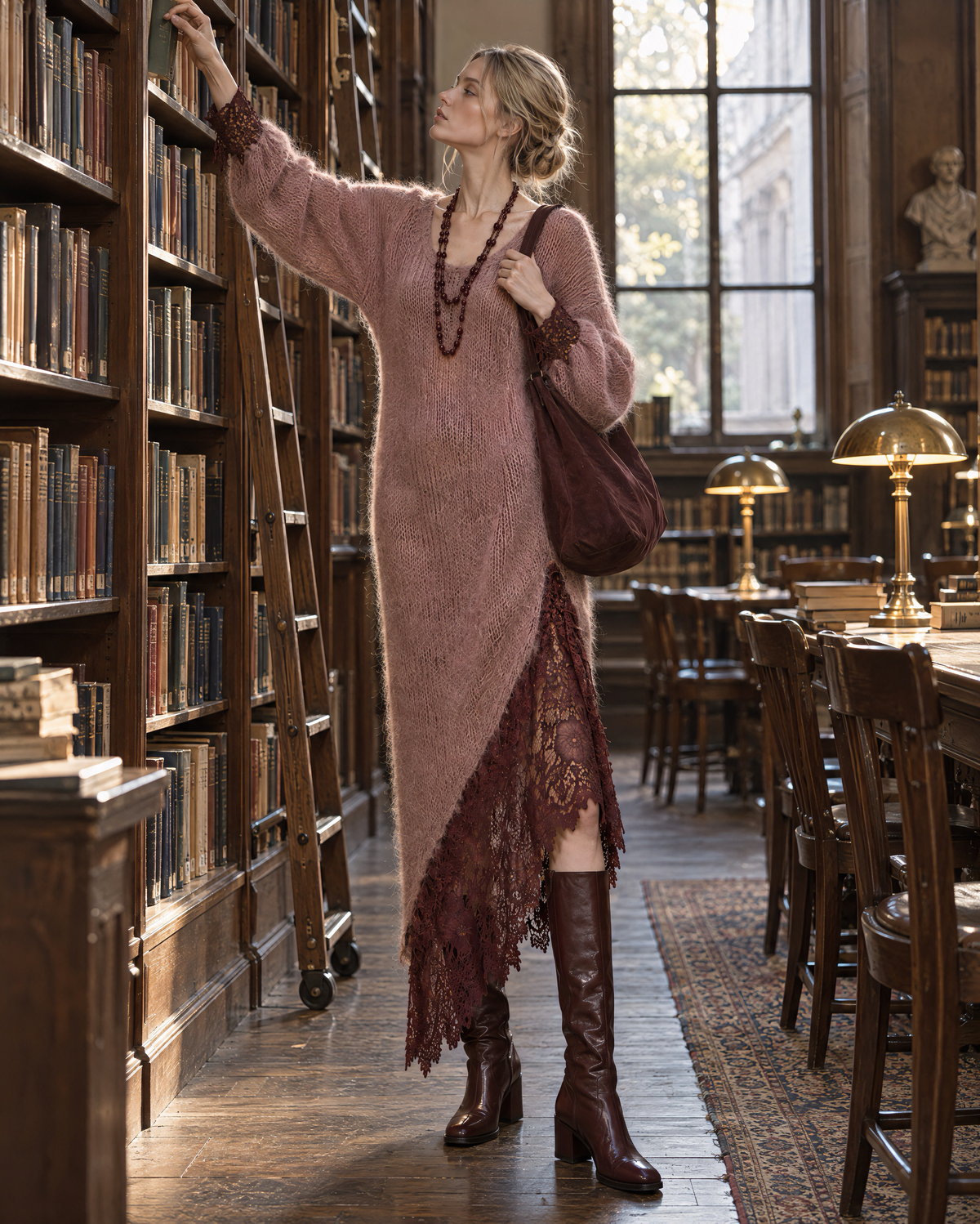 Bohemian Dusty Rose Brushed-knit Burgundy Lace-trim Asymmetric Midi Dress MVA003220AA