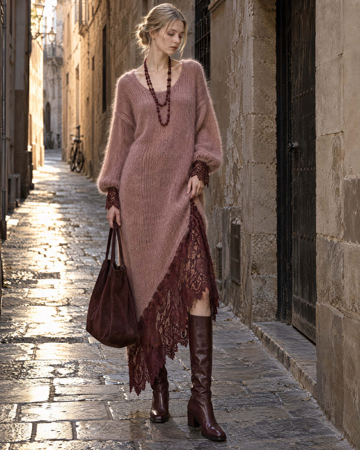 Bohemian Dusty Rose Brushed-knit Burgundy Lace-trim Asymmetric Midi Dress MVA003220AA