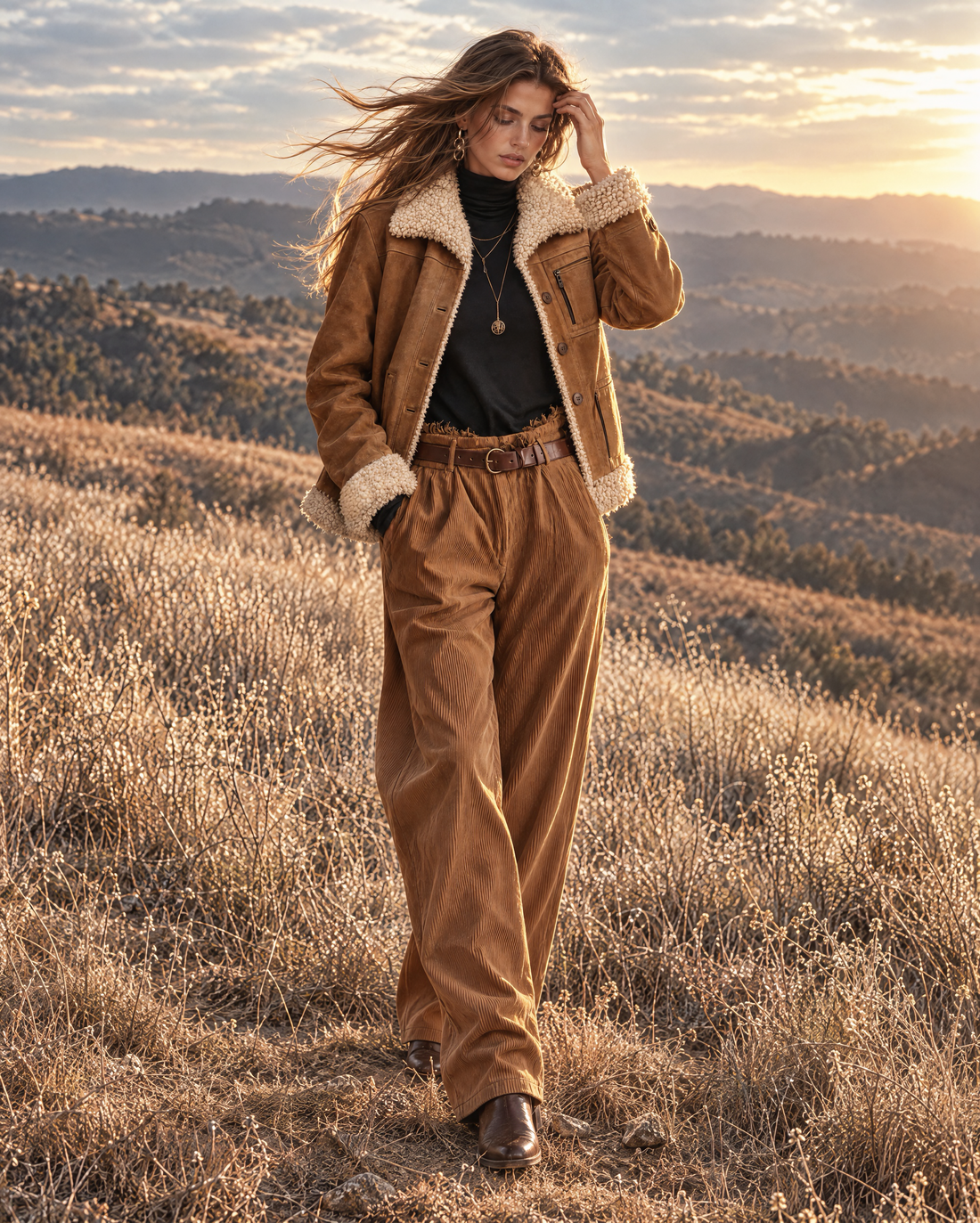 Casual Camel Faux-suede Shearling-trim Button-front Jacket MVA003260AA