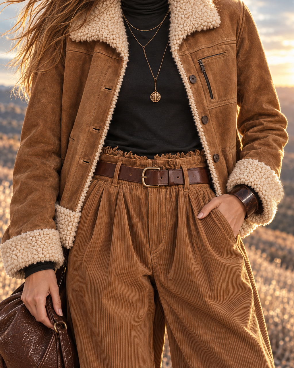 Casual Camel Faux-suede Shearling-trim Button-front Jacket MVA003260AA