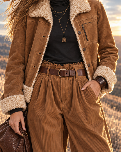 Casual Camel Faux-suede Shearling-trim Button-front Jacket MVA003260AA