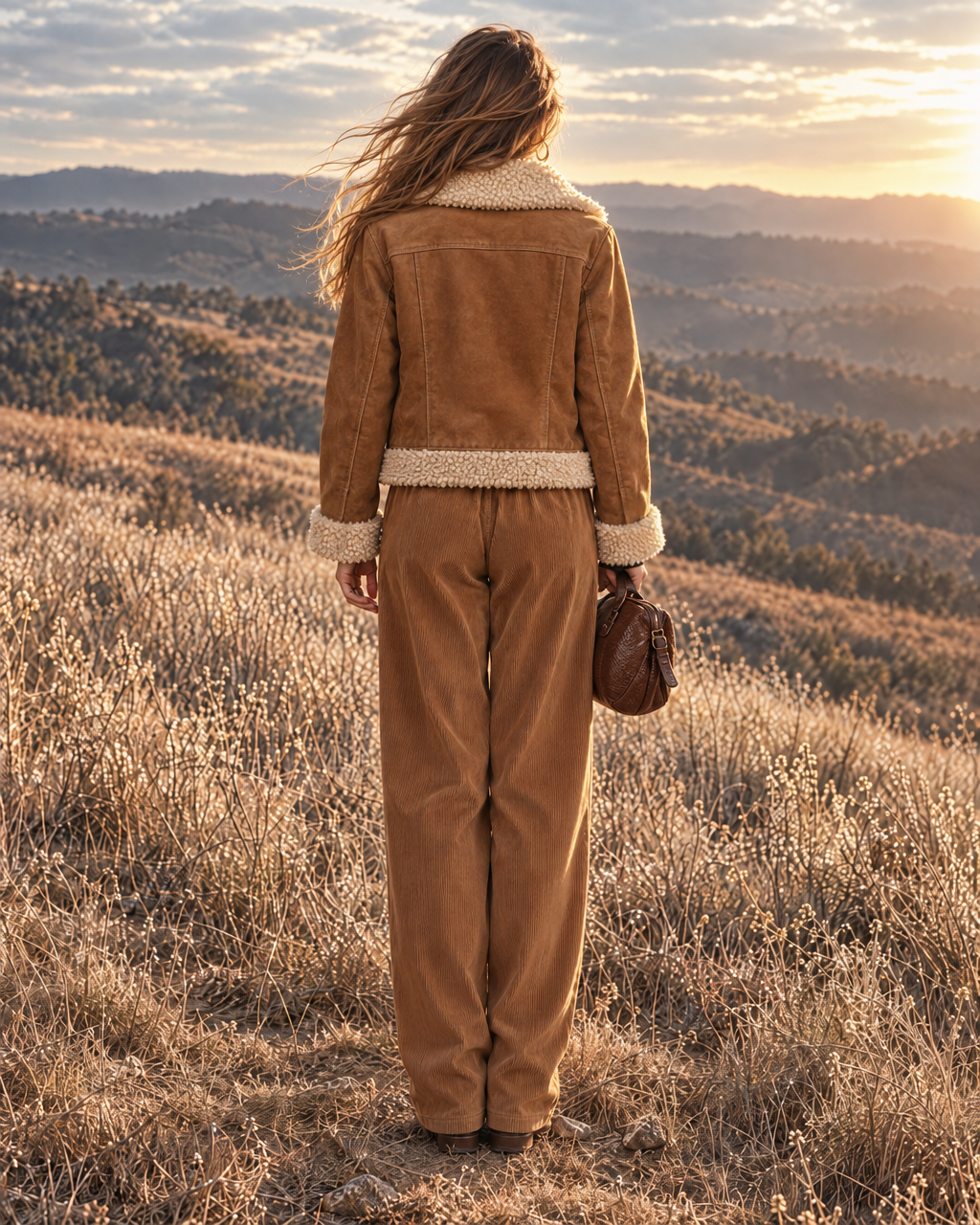 Casual Camel Faux-suede Shearling-trim Button-front Jacket MVA003260AA