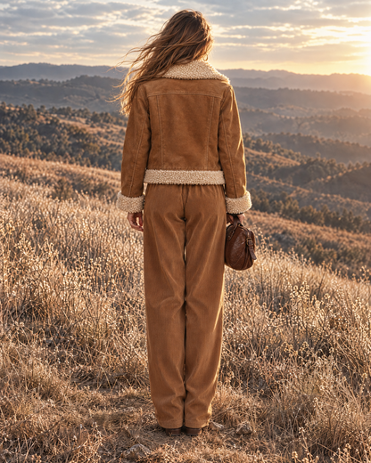 Casual Camel Faux-suede Shearling-trim Button-front Jacket MVA003260AA