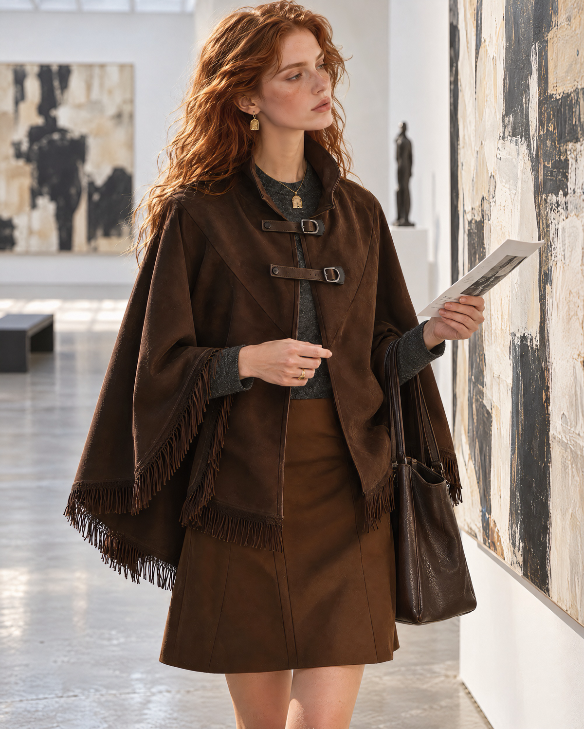 Bohemian Chocolate Brown Faux-suede Fringe-trim Buckle-strap Cape MVA003270AA