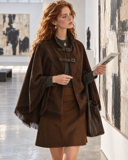 Bohemian Chocolate Brown Faux-suede Fringe-trim Buckle-strap Cape MVA003270AA