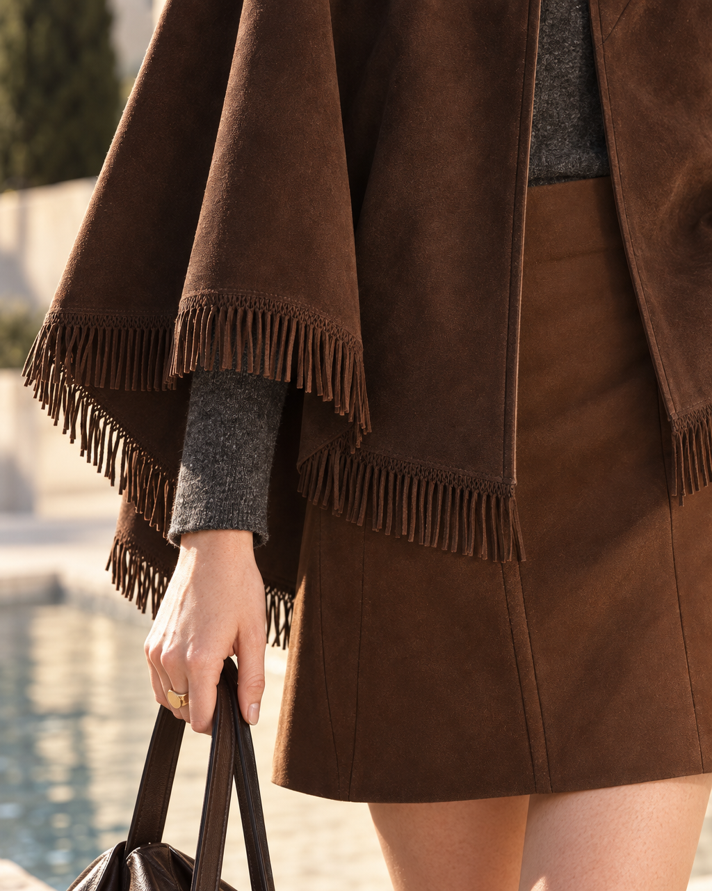 Bohemian Chocolate Brown Faux-suede Fringe-trim Buckle-strap Cape MVA003270AA