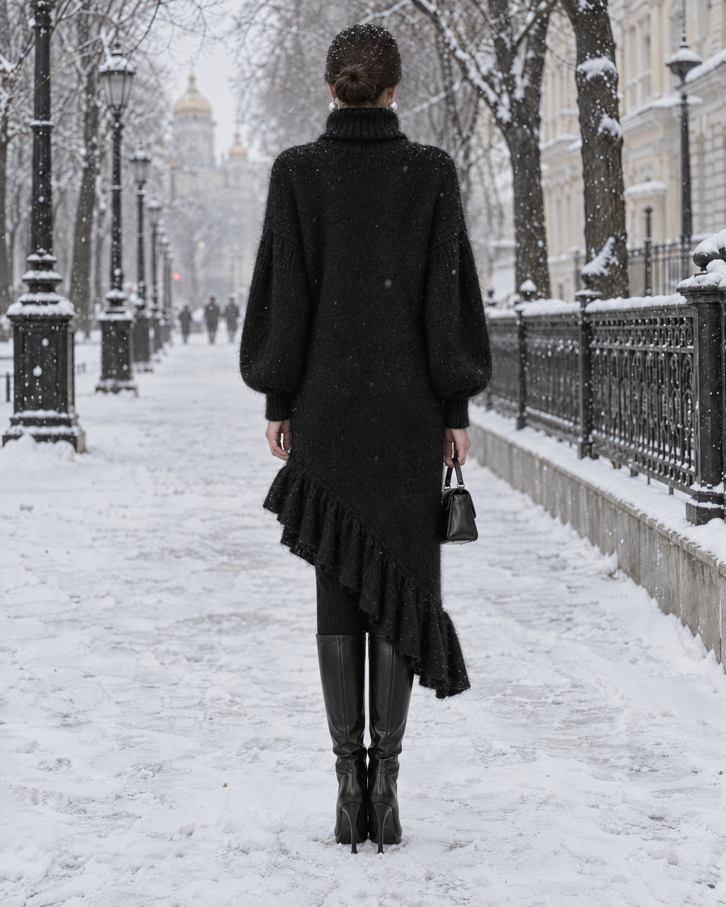 Elegant Black Brushed-knit Turtleneck Ruffle-hem Asymmetric Midi Dress MVA003280AA