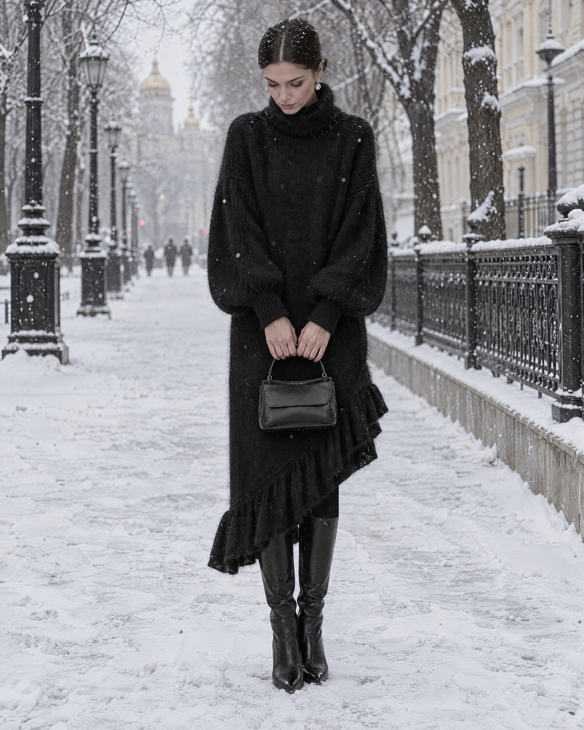Elegant Black Brushed-knit Turtleneck Ruffle-hem Asymmetric Midi Dress MVA003280AA