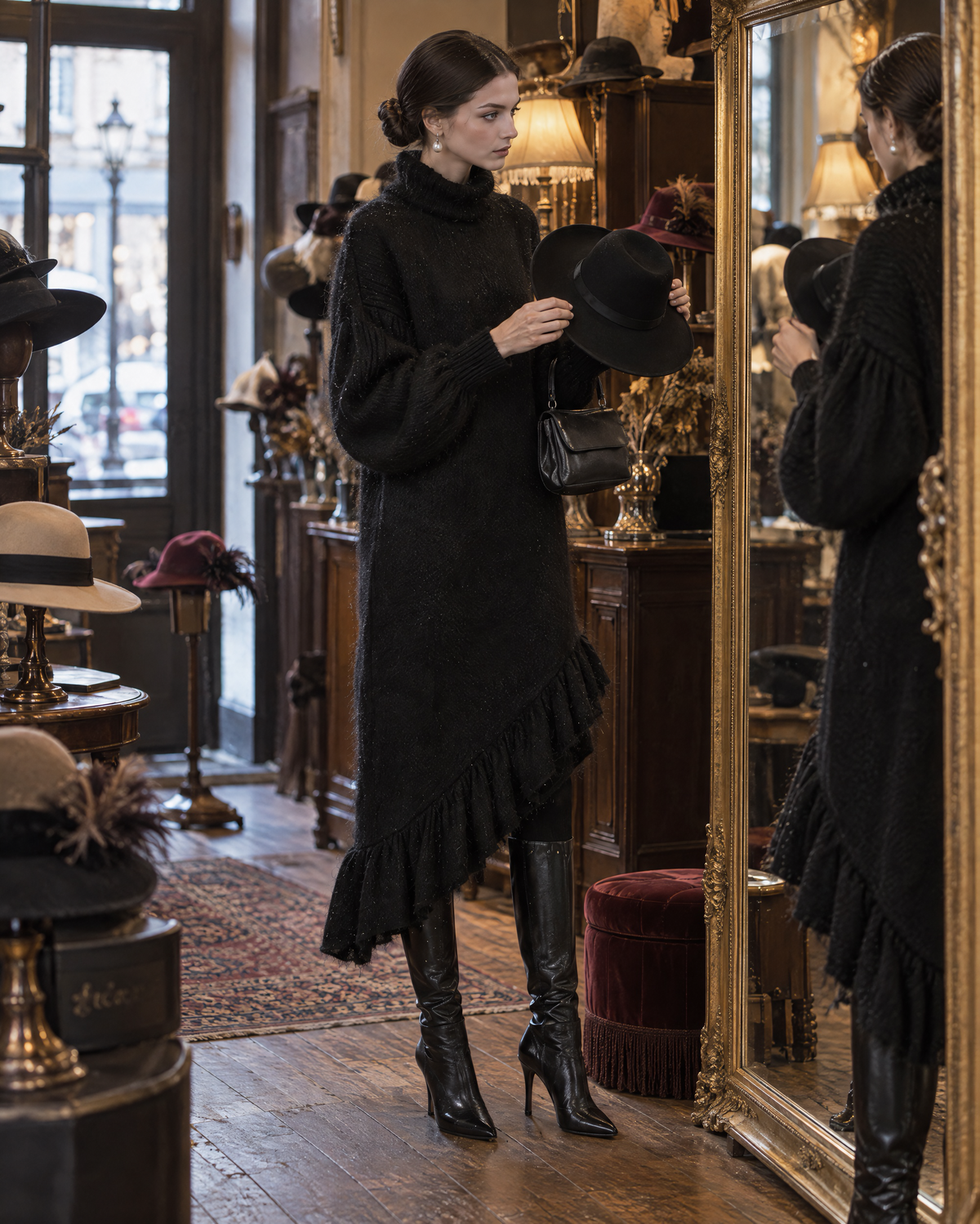 Elegant Black Brushed-knit Turtleneck Ruffle-hem Asymmetric Midi Dress MVA003280AA