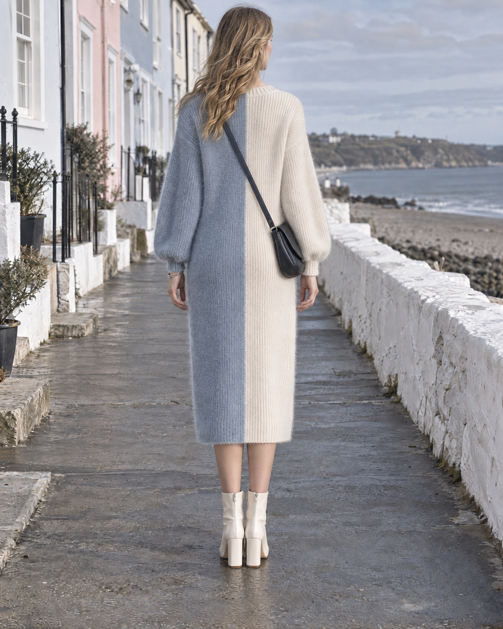 Casual Cream And Dusty Blue Colorblock Brushed-knit Crew-neck Midi Dress MVA003300AA