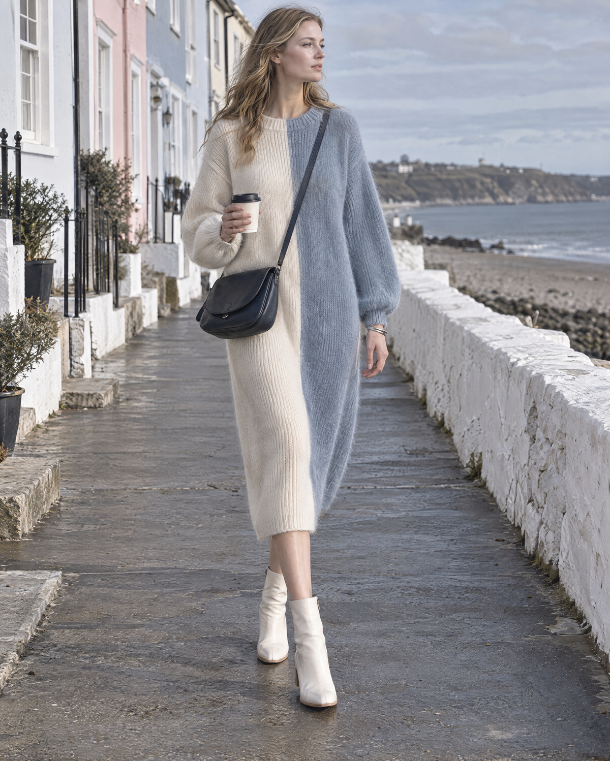 Casual Cream And Dusty Blue Colorblock Brushed-knit Crew-neck Midi Dress MVA003300AA