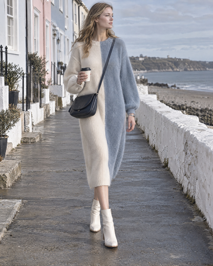 Casual Cream And Dusty Blue Colorblock Brushed-knit Crew-neck Midi Dress MVA003300AA