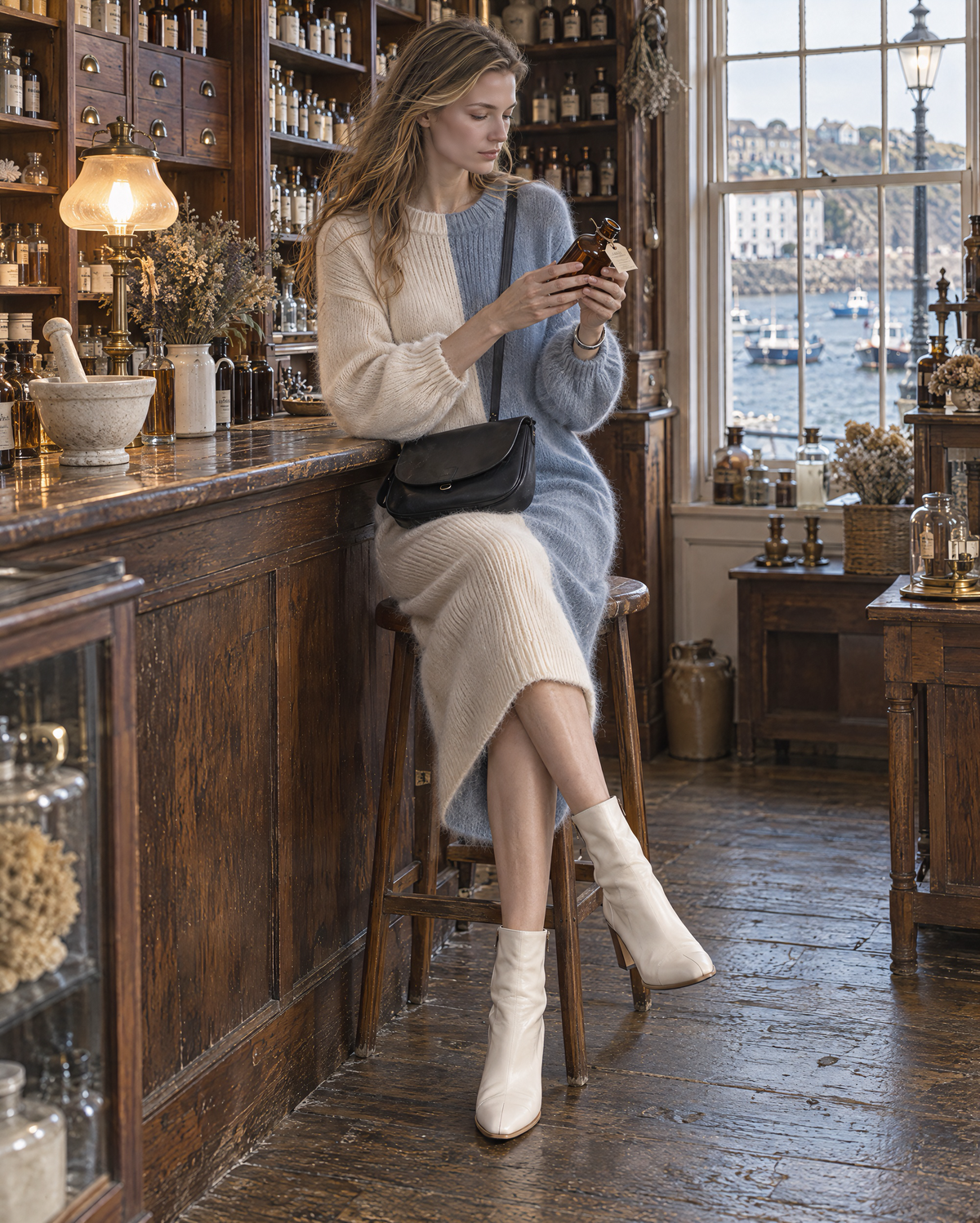 Casual Cream And Dusty Blue Colorblock Brushed-knit Crew-neck Midi Dress MVA003300AA