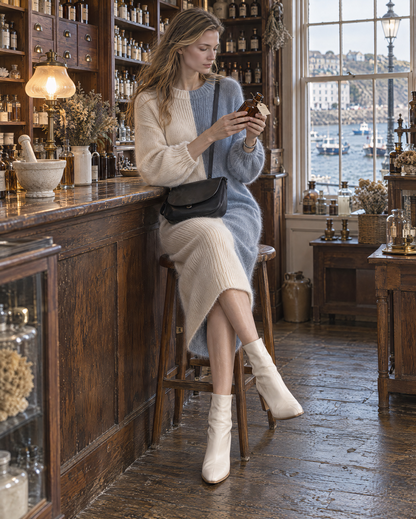 Casual Cream And Dusty Blue Colorblock Brushed-knit Crew-neck Midi Dress MVA003300AA