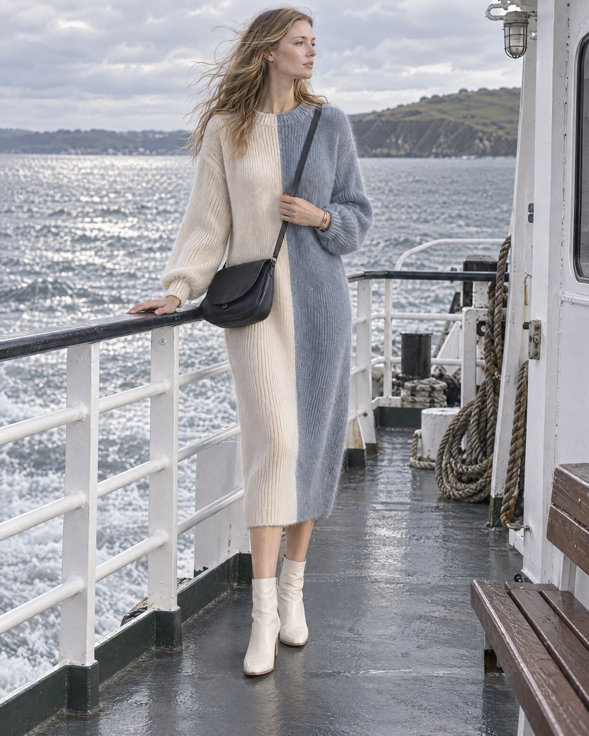 Casual Cream And Dusty Blue Colorblock Brushed-knit Crew-neck Midi Dress MVA003300AA
