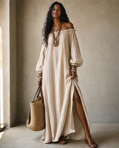 Boho Neutral Striped Linen Off Shoulder Balloon Sleeve Slit Maxi Dress MVA000330AA
