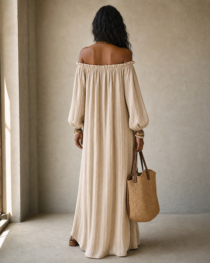 Boho Neutral Striped Linen Off Shoulder Balloon Sleeve Slit Maxi Dress MVA000330AA