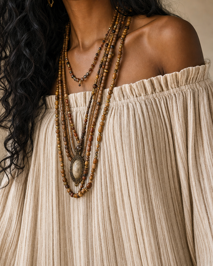 Boho Neutral Striped Linen Off Shoulder Balloon Sleeve Slit Maxi Dress MVA000330AA