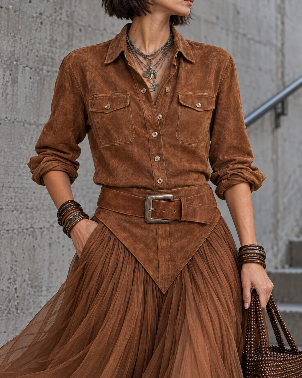 Bohemian Rust Brown Faux-suede Shirt And Tulle Midi Skirt Set MVA003310AA