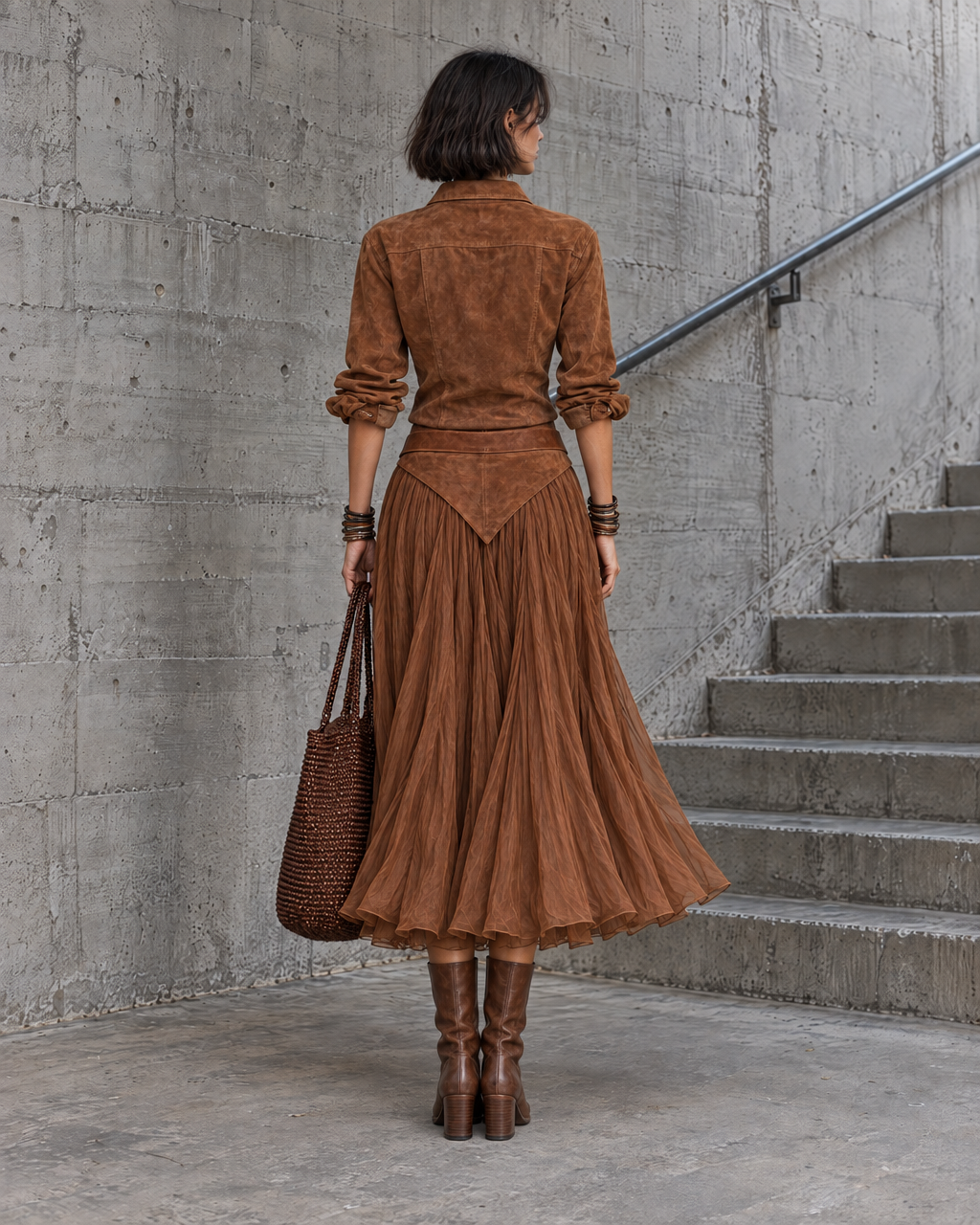 Bohemian Rust Brown Faux-suede Shirt And Tulle Midi Skirt Set MVA003310AA