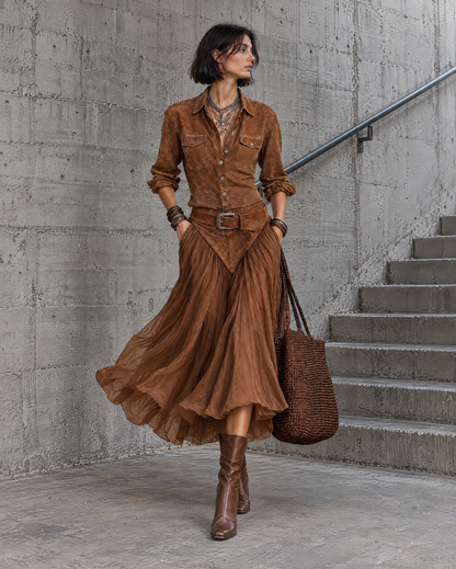 Bohemian Rust Brown Faux-suede Shirt And Tulle Midi Skirt Set MVA003310AA
