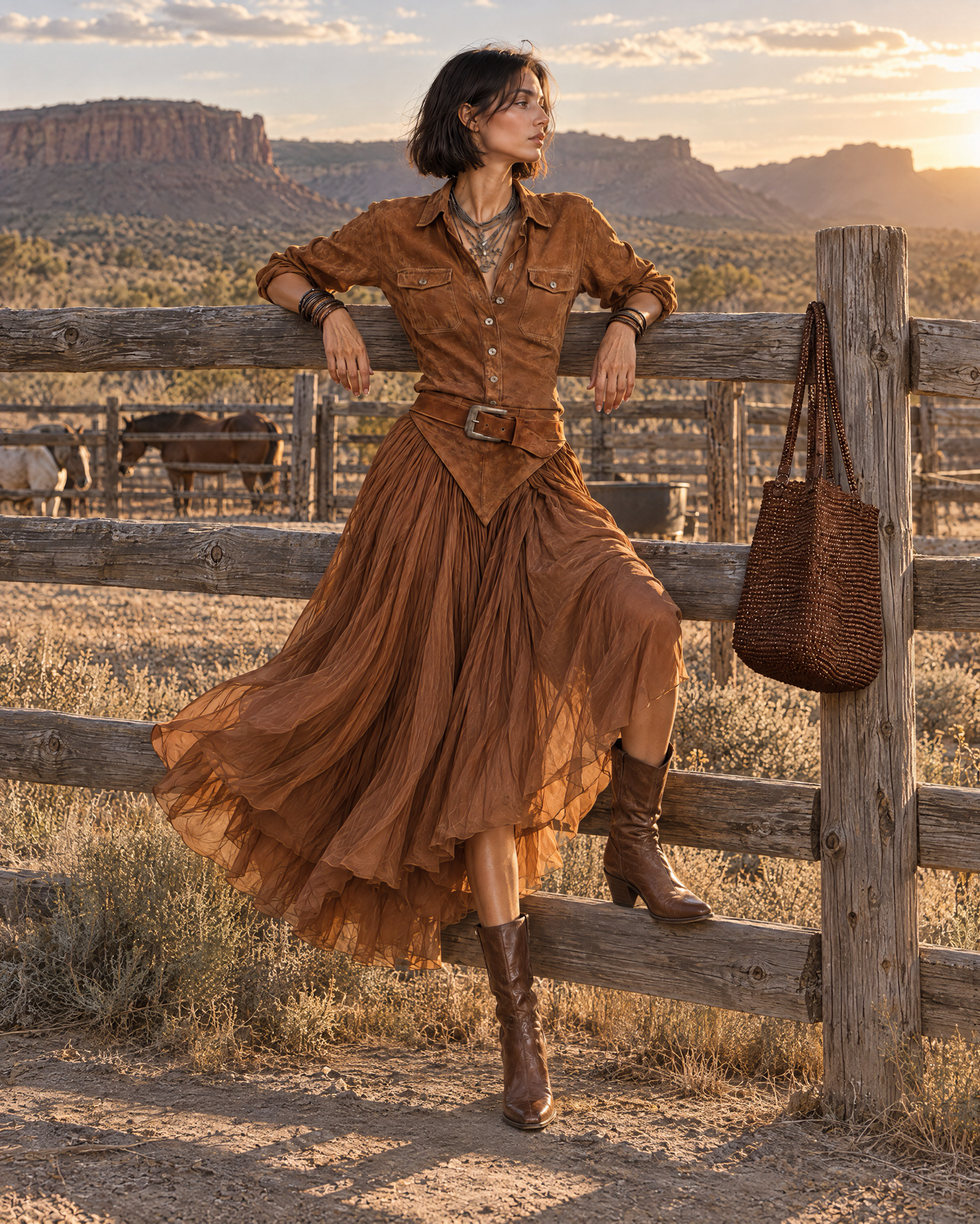 Bohemian Rust Brown Faux-suede Shirt And Tulle Midi Skirt Set MVA003310AA
